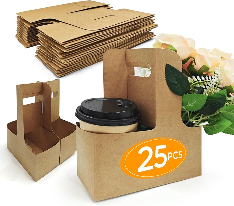 MIQQFUT 25pcs Cardboard Cup Holders 2 or 4 Cups Drink Carrier with Handle Carriers to Go Cup Holder for Hot Or Cold Drinks Coffee Carrier Food Delivery Disposable Foldable - Image 1